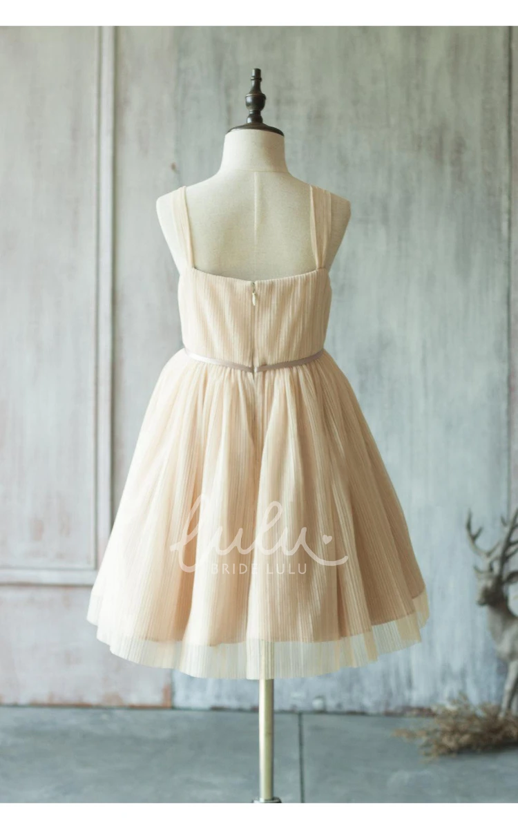 Beige Knee-Length Tulle Wedding Dress with Spaghetti Straps Bridesmaid Dress