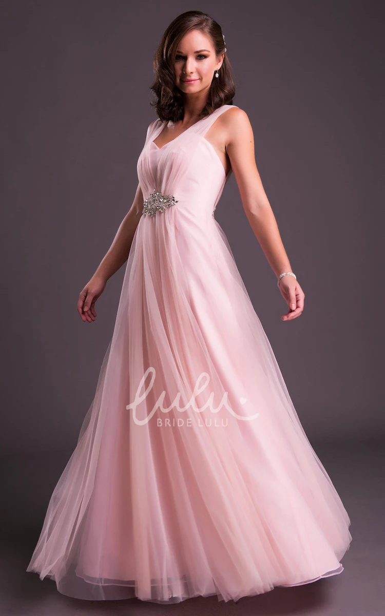 Jeweled Tulle V-Neck Prom Dress A-Line Floor-Length Sleeveless