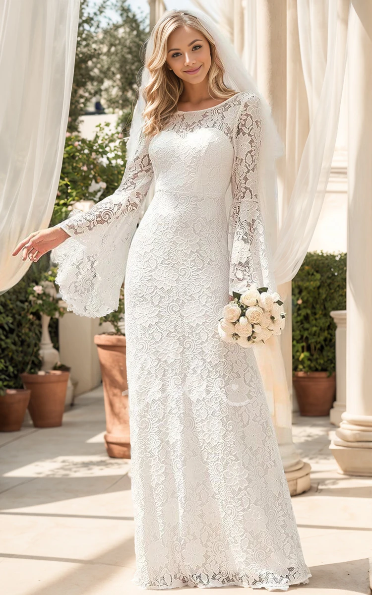 Romantic Floral Boho Lace Bell Sleeve Lace Wedding Dress Spring Elegant Sheath Column Bateau Neckline Long Maxi Courthouse Reception Bridal Gown