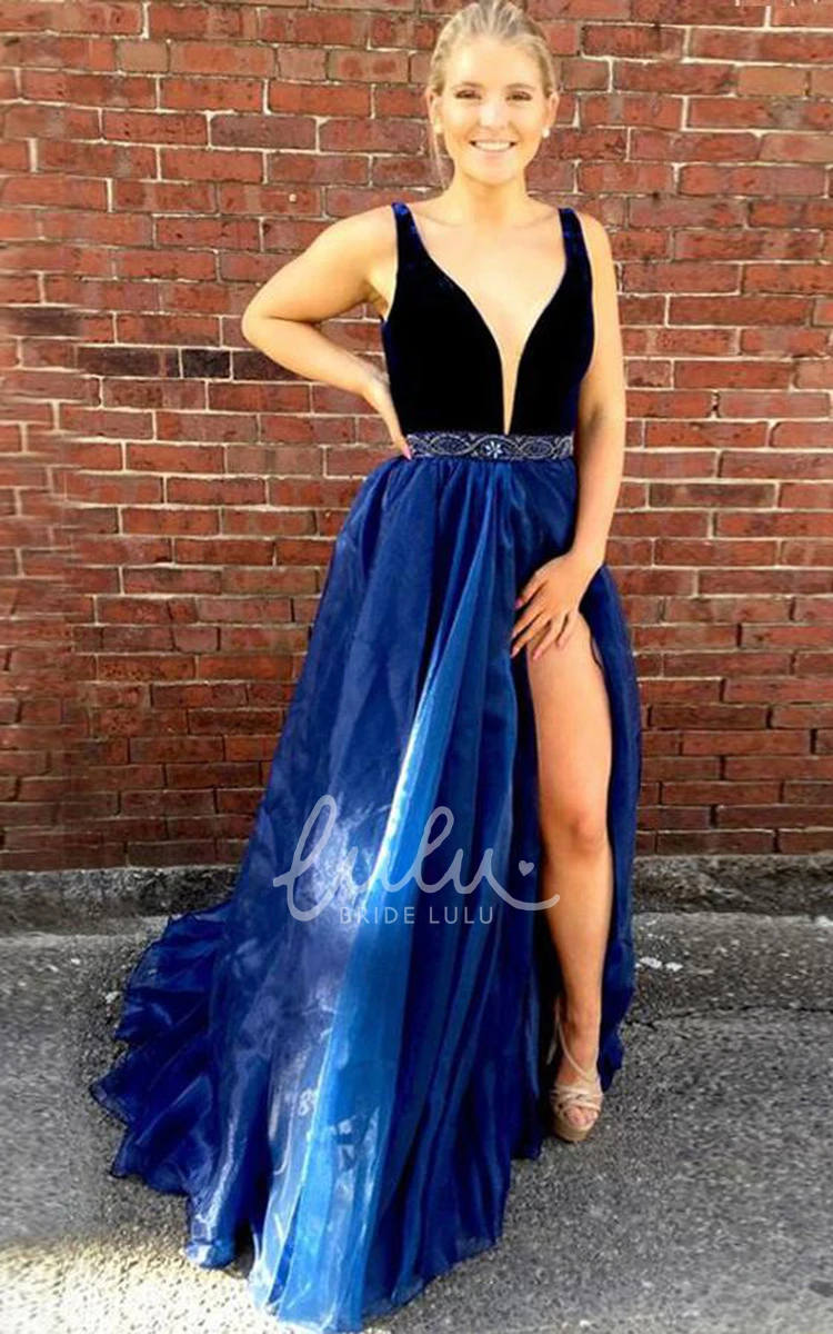 Sleeveless Tulle A-Line V-Neck Evening Dress with Beading Formal Dress