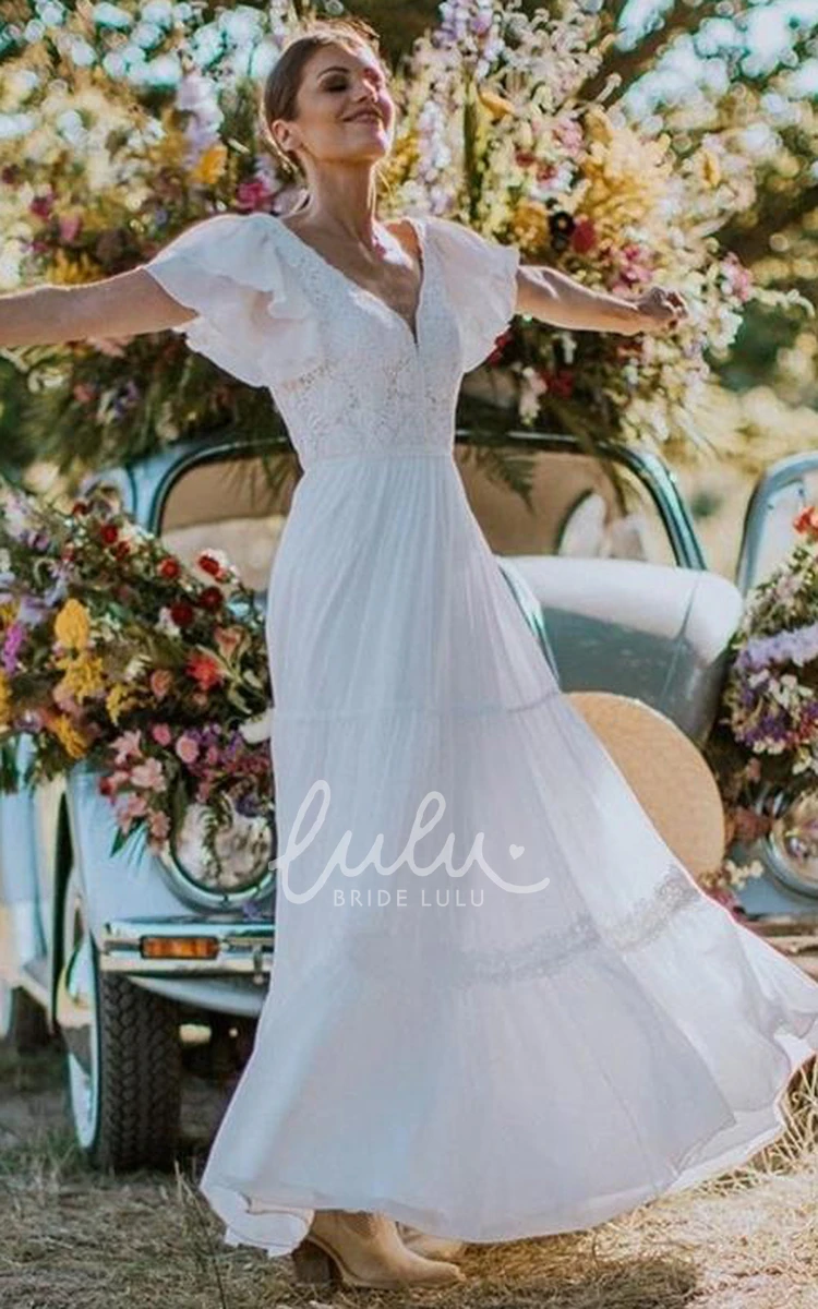 V-Neck Lace A-Line Wedding Dress with Ruffles Short Sleeve