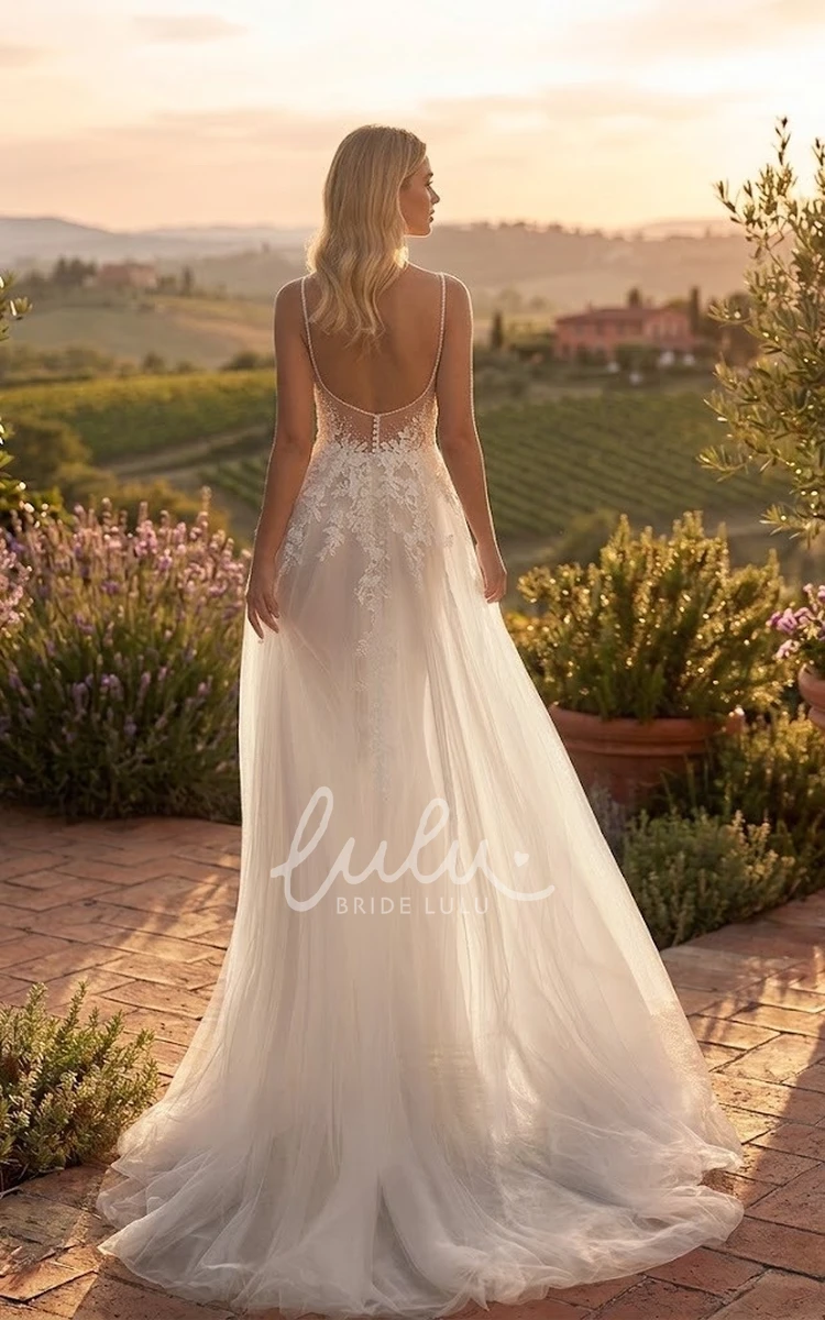 Lace A-Line Country Sleeveless Wedding Dress Spaghetti Tulle Garden Open Back Bridal Gown
