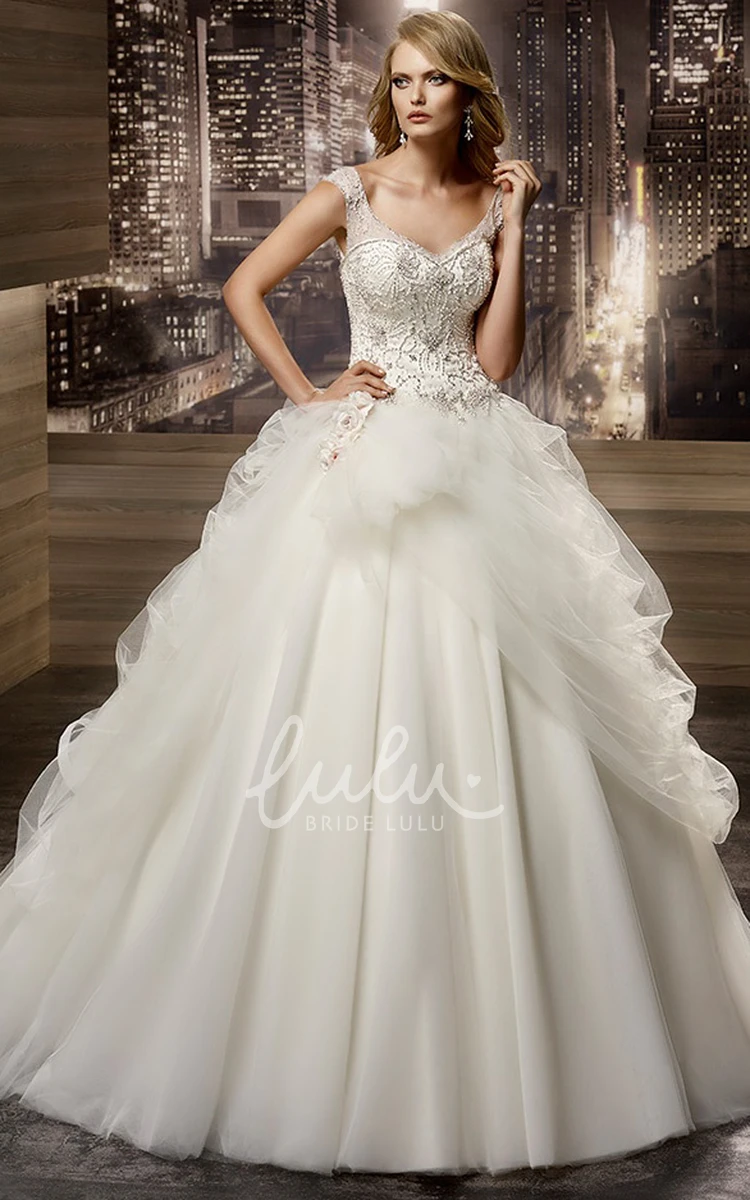 Asymmetrical Ruffle V-Neck A-Line Wedding Dress with Beaded Corset