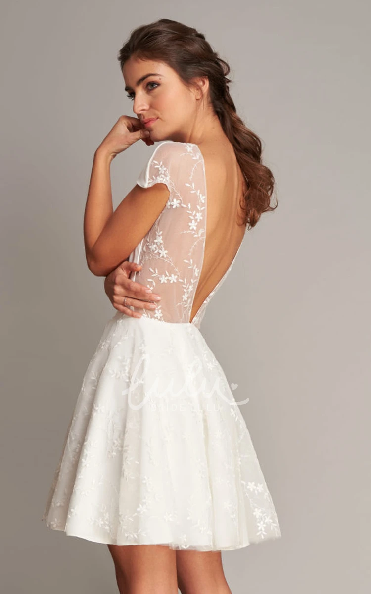 Jewel Neck Satin Lace A-Line Short Wedding Dress with Deep-V Back & Cute Design
