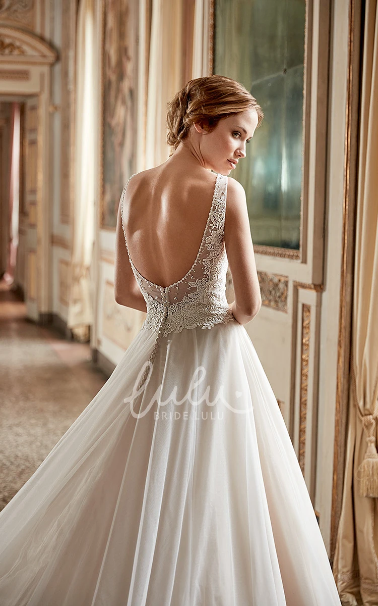 A-Line Tulle Wedding Dress with V-Neck and Appliques