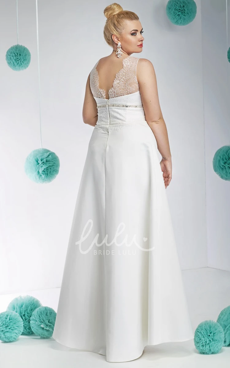Satin Plus Size Wedding Dress with Waist Jewellery Sleeveless V-Neck Long Lace