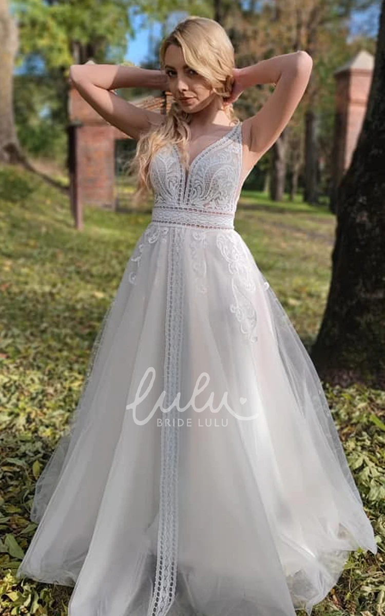 Sleeveless A-Line Tulle Wedding Dress with V-Neck and Zipper Back Elegant Tulle Wedding Dress