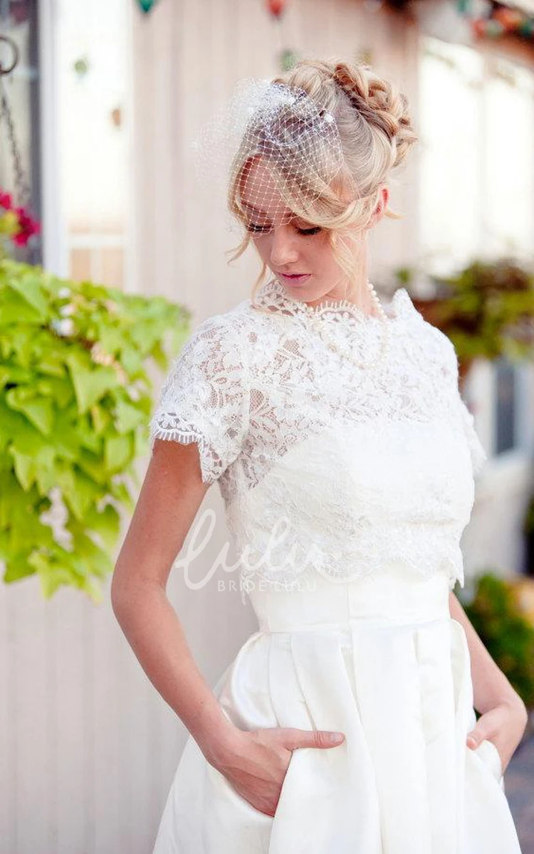 Lace Button Back Scalloped Sleeve Satin Wedding Dress