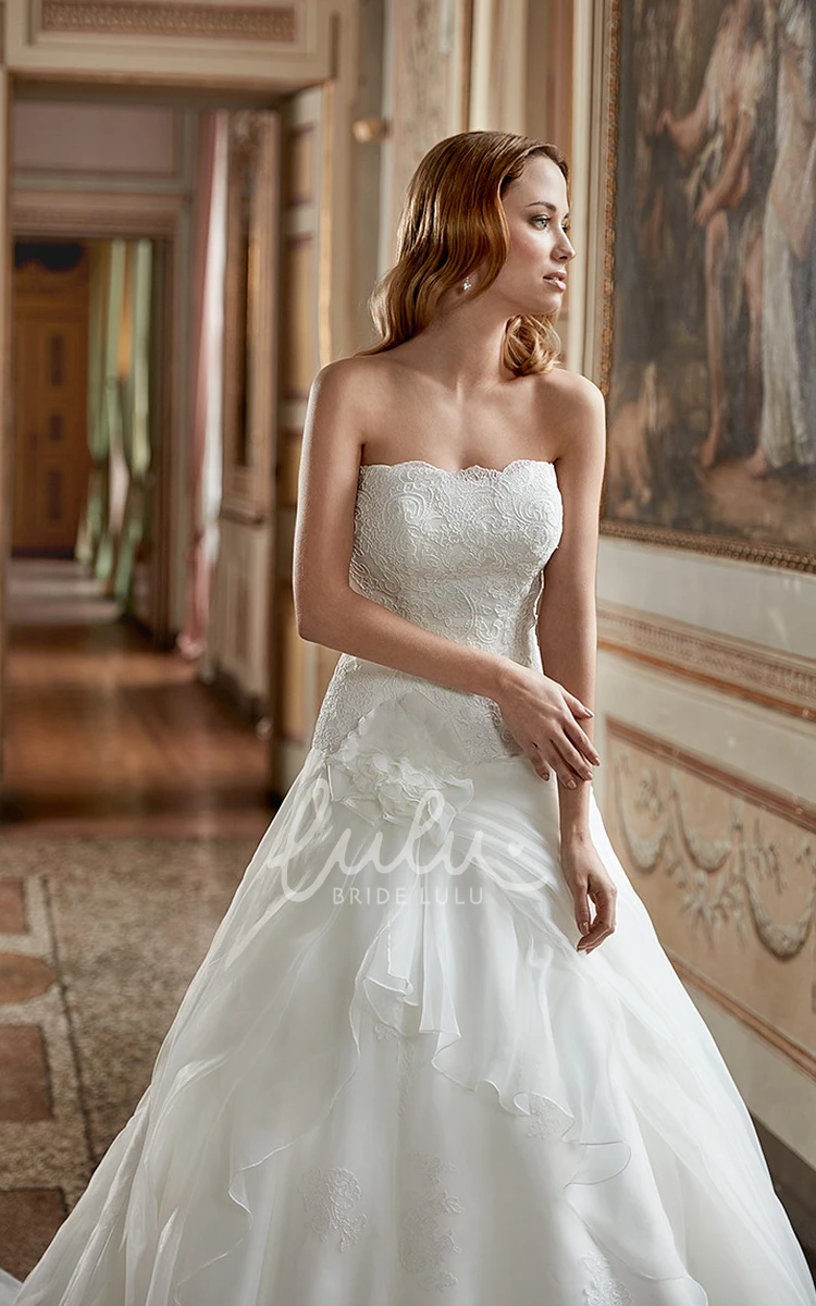 Strapless Satin A-Line Wedding Dress with Ruffles and Flowers