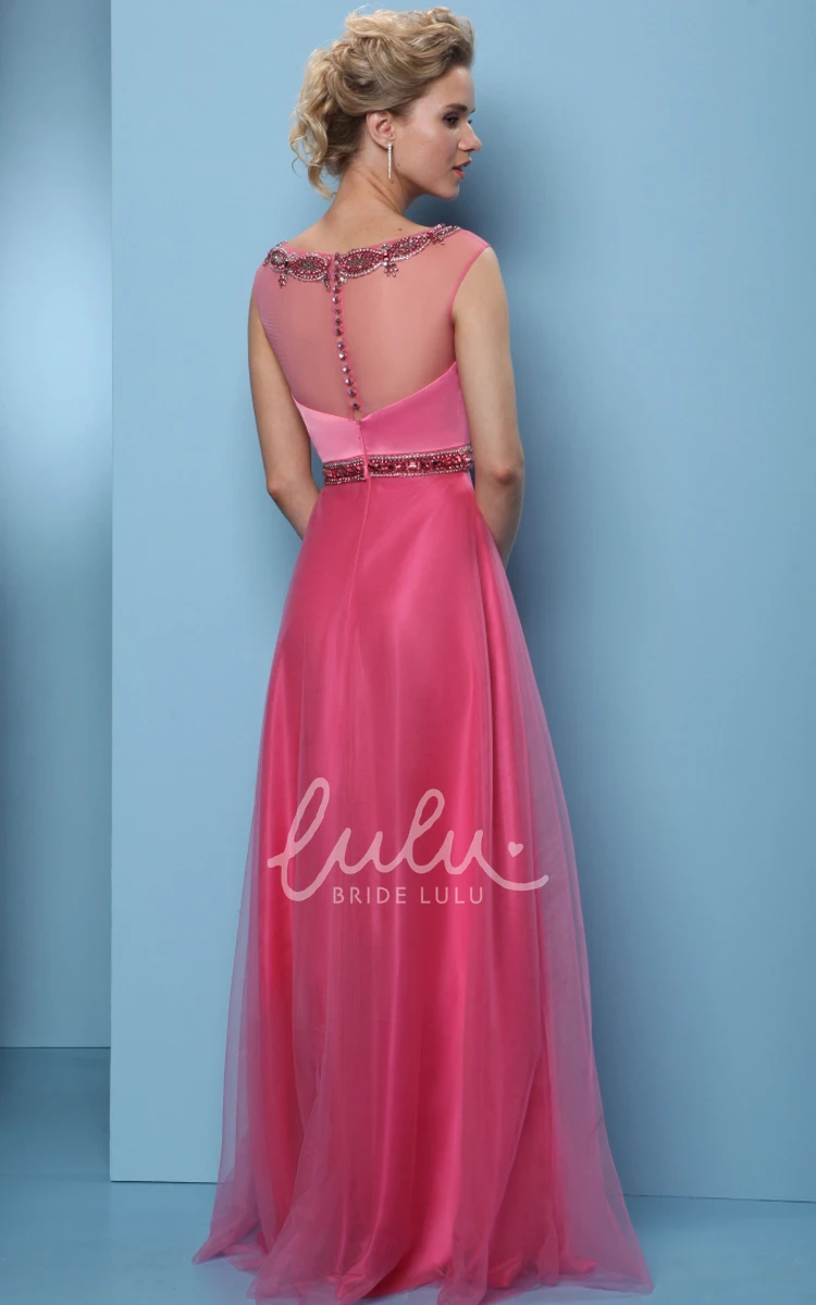 Long A-Line Prom Dress with Scoop-Neck Beaded Tulle & Satin and Waist Jewellery