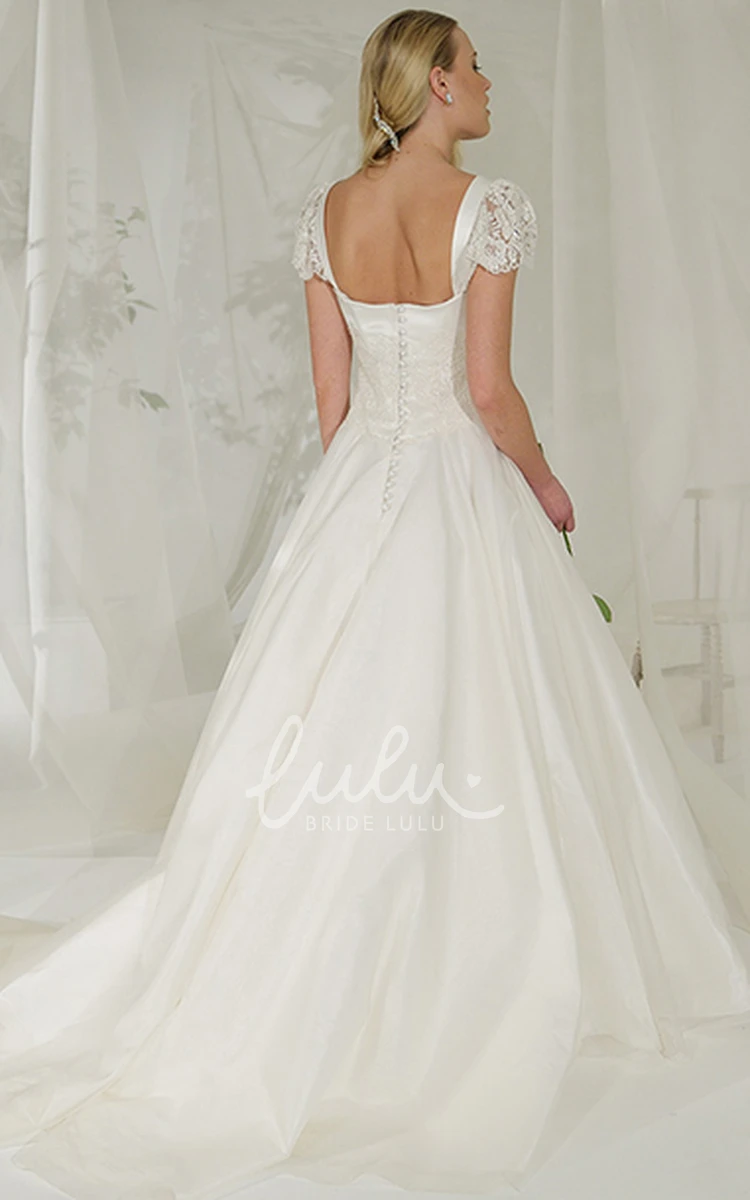 Lace Cap-Sleeve Tulle Wedding Dress with Court Train Elegant A-Line Style