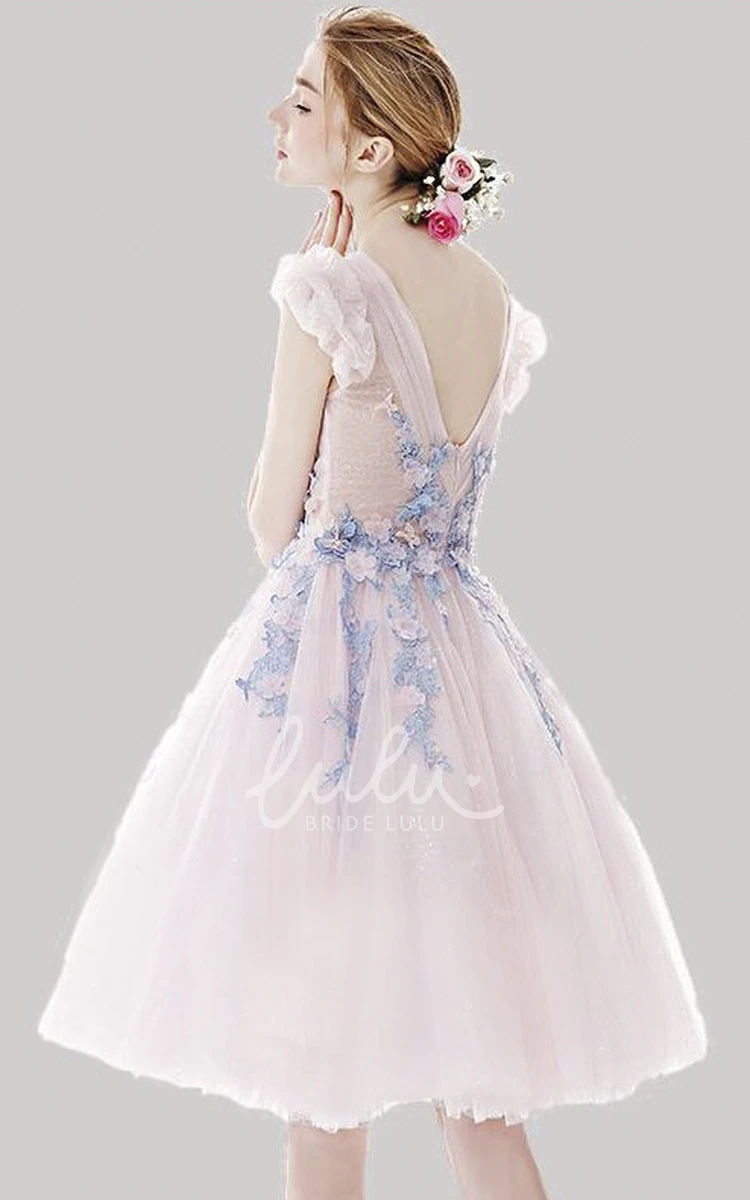 Cute Knee Length Tulle Dress with Cap Sleeves and Floral Appliques Prom Dress