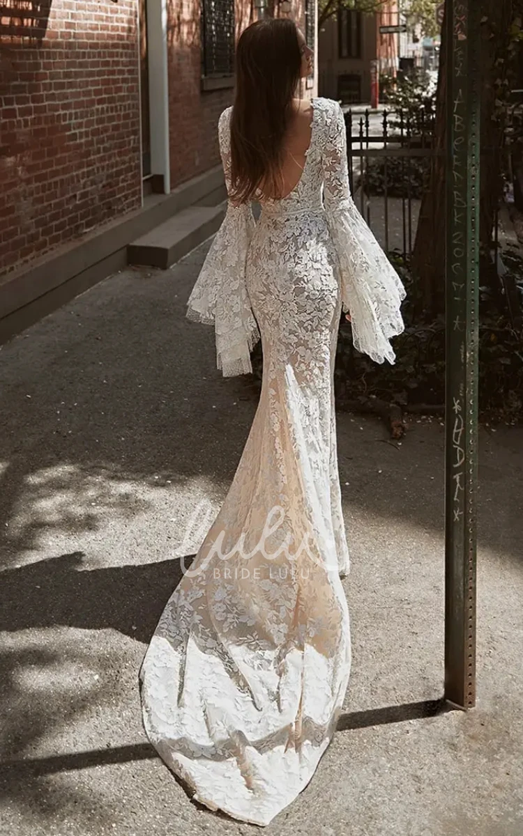 Romantic Lace Mermaid Wedding Dress with Bateau Neckline and Open Back