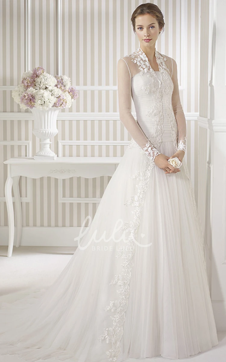 Appliqued Tulle Long-Sleeve Wedding Dress with Illusion and Sweep Train
