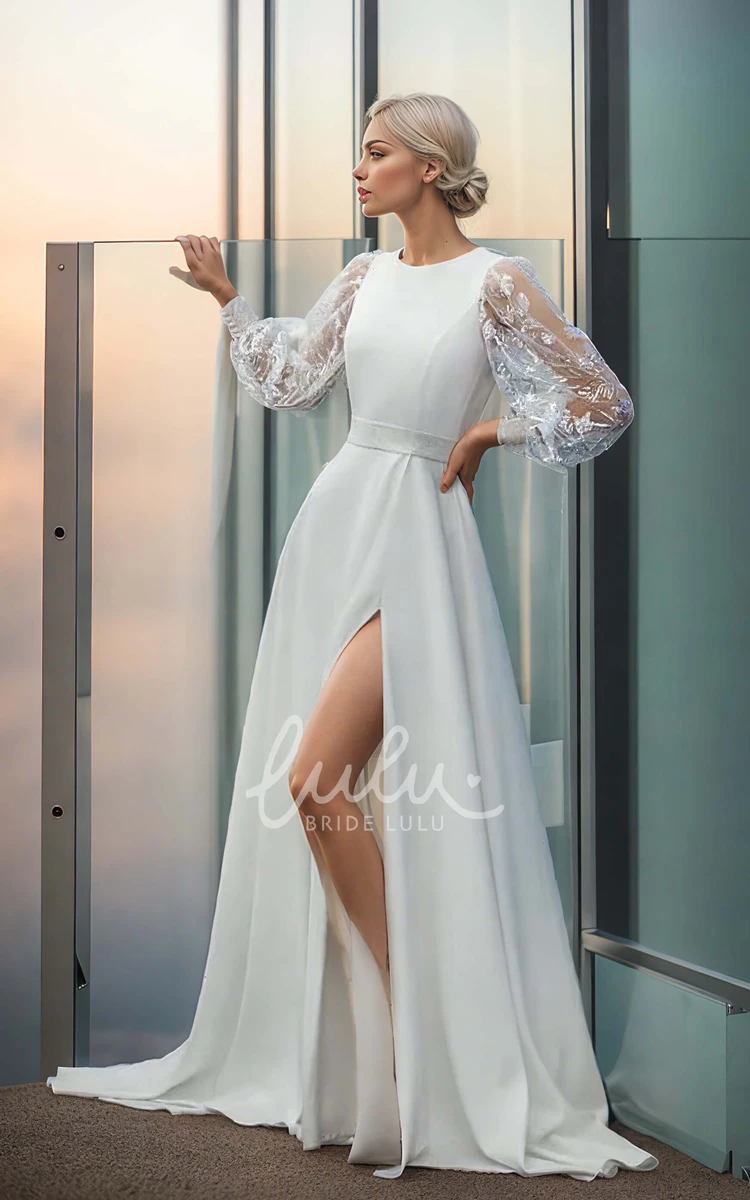 Simple Elegant Satin Tulle A-Line Jewel Neck Wedding Dress Sexy Solid Long Puff Sleeve Split Front Floor-length Bridal Gown with Sash Train Button Back