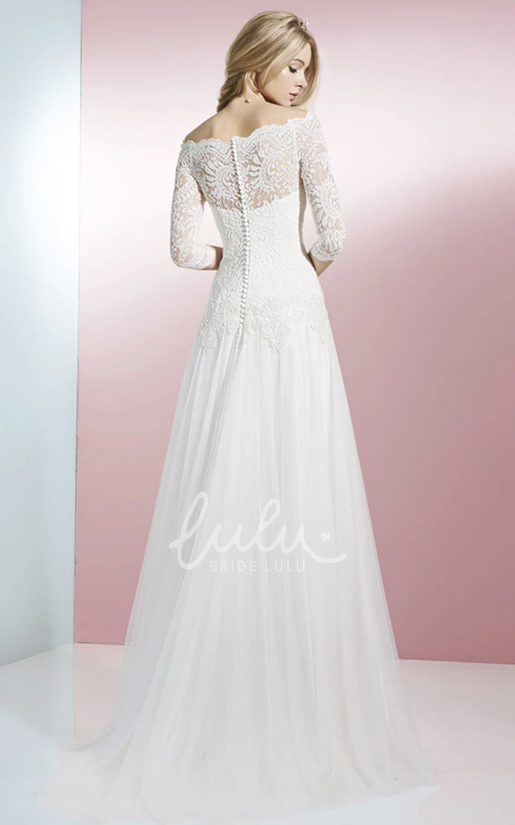 Off-Shoulder Lace Tulle Wedding Dress with Brush Train 3/4 Sleeve Sheath