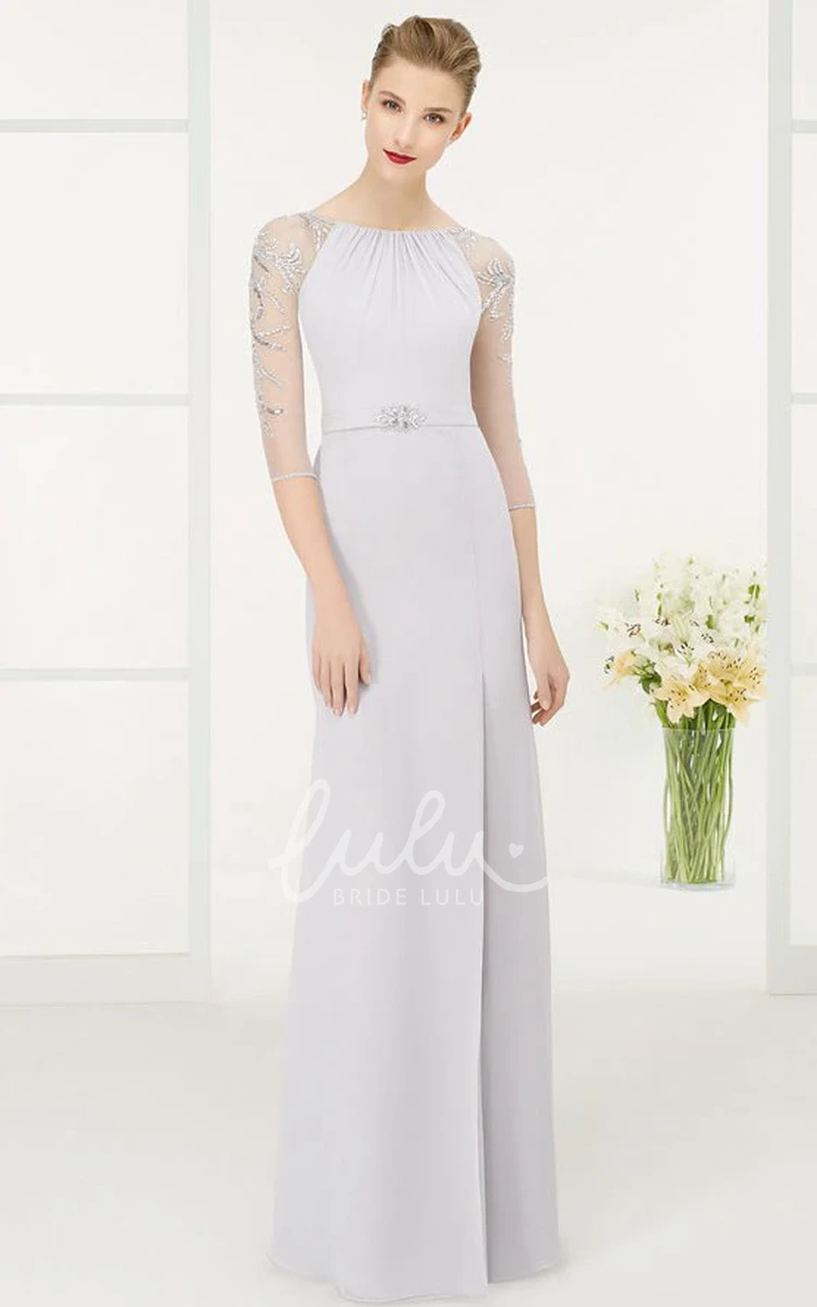 Beaded Maxi Chiffon Prom Dress with Jewel-Neck and Half-Sleeves Unique Formal Dress