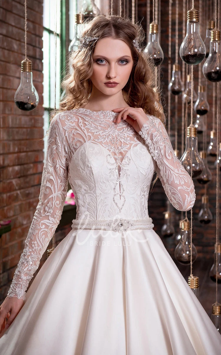 Long-Sleeve Illusion Satin Ball Gown with Jeweled Waist and Appliques