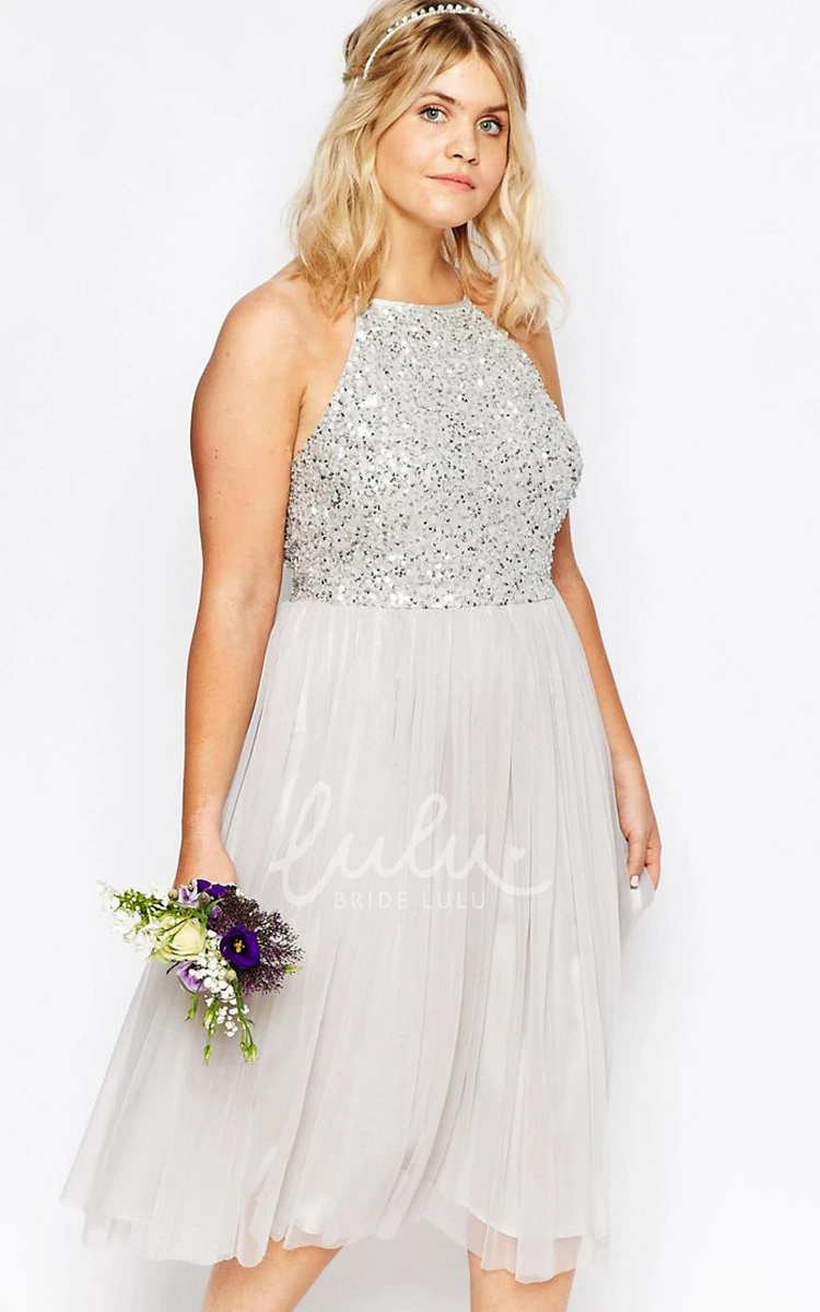 Sleeveless Sequined A-Line Tulle Bridesmaid Dress with Pleats Tea-Length