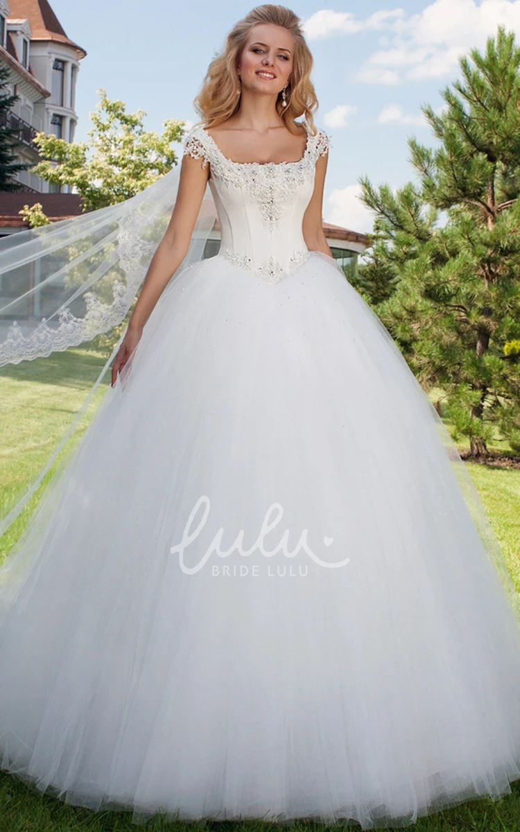 Beaded Cap-Sleeve Tulle Wedding Dress with Corset Back Square Neckline Bridal Gown