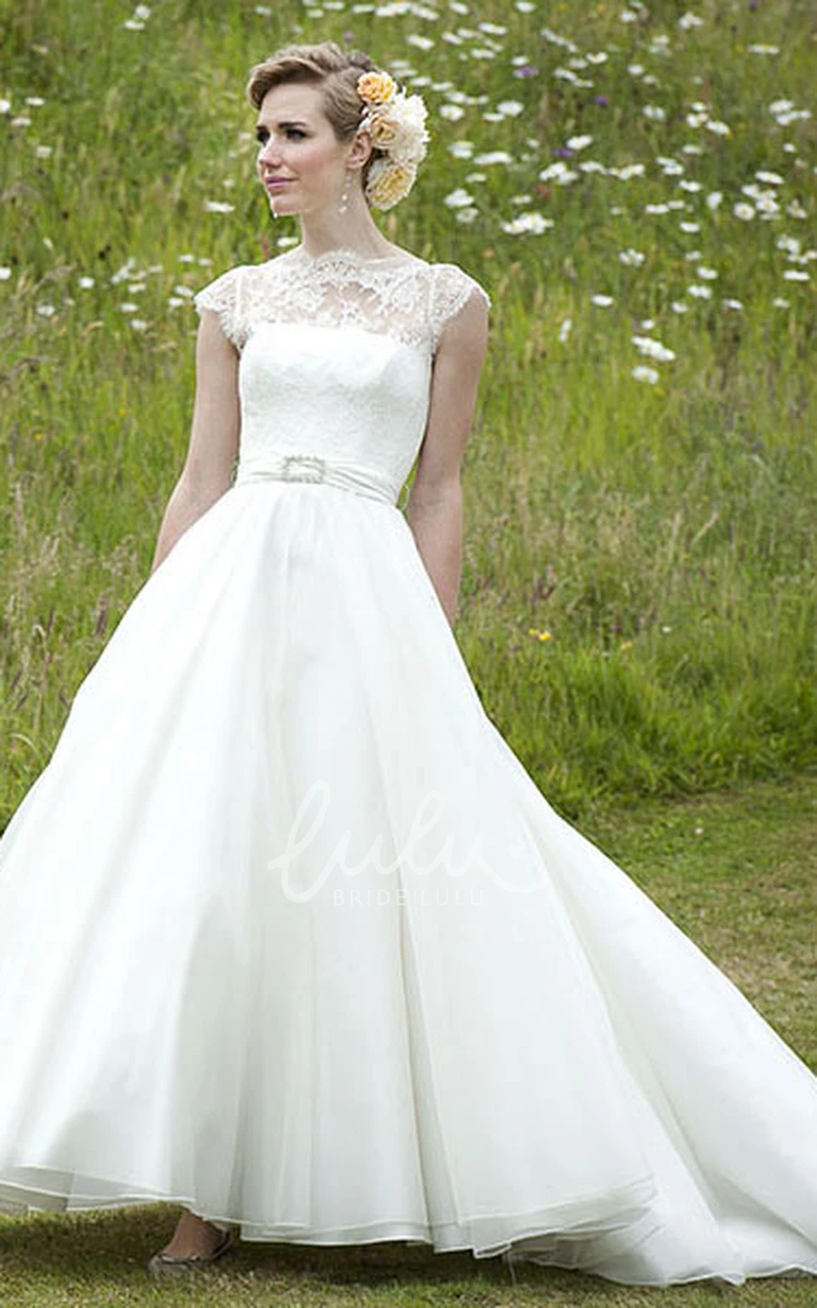 Maxi Cap-Sleeve Lace Chiffon Wedding Dress High Neck Style