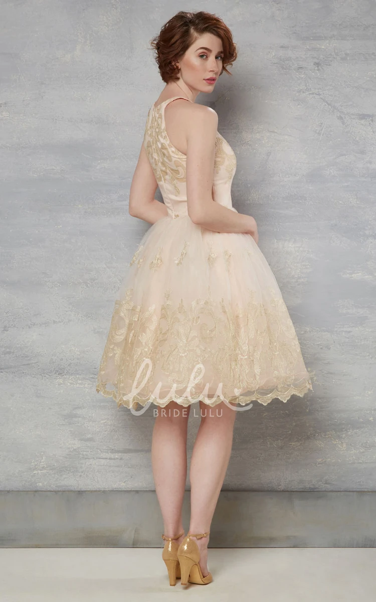 Tulle Wedding Dress with Appliques High Neck Sleeveless Knee-Length A-Line