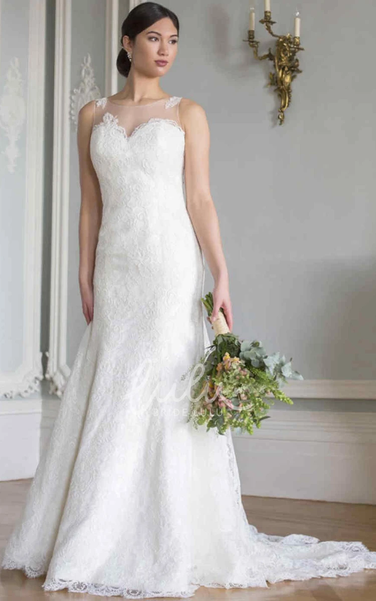 Illusion Sleeveless Lace Sheath Wedding Dress with Scoop-Neck