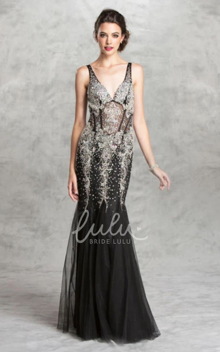 V-Neck Sleeveless Chiffon Sheath Formal Dress with Beading and Low-V Back Design