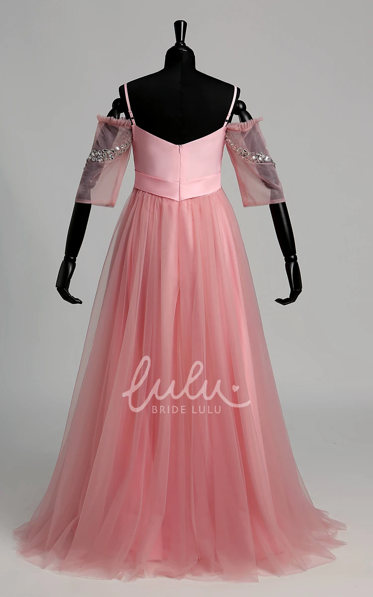 A-Line Maternity Dress with Tulle Fabric Sweep Brush Train Beading and Ruffles