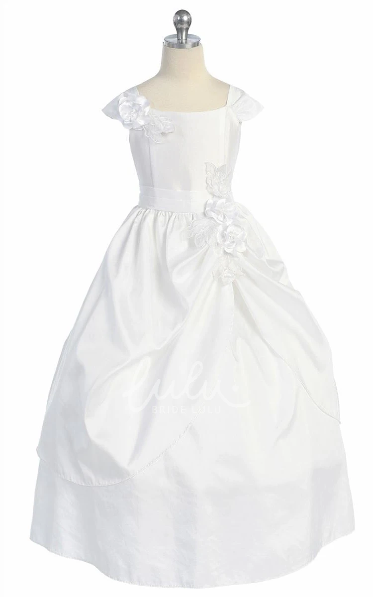 Floral Tiered Lace&Taffeta Ankle-Length Flower Girl Dress with Sash Elegant Wedding Dress