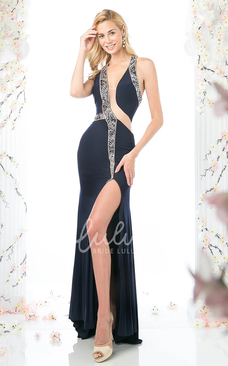 Sleeveless V-Neck Jersey Formal Dress with Front Split and Beading