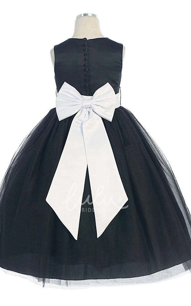 Sleeveless Tea-Length Satin and Tulle Flower Girl Dress with Bow Classy Dress for Girls