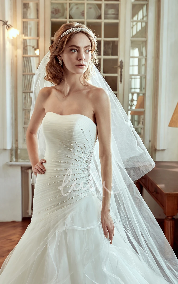 Pearl Embellished Strapless Wedding Dress with Side Draping