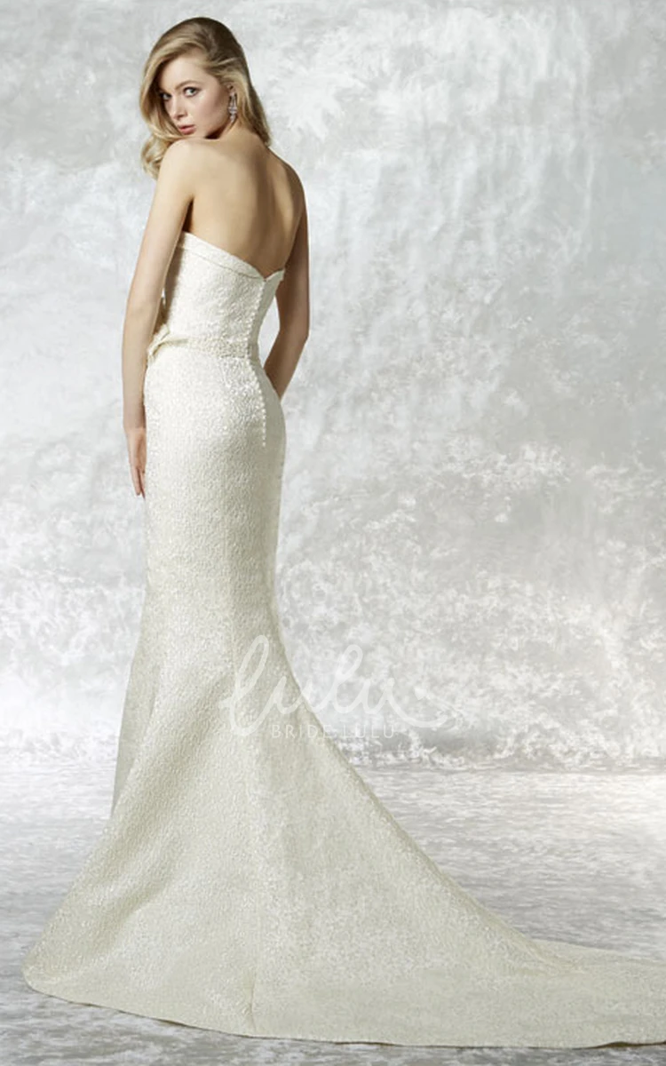 Floor-Length Lace Wedding Dress with V-Back Cape and Strapless Sheath Silhouette