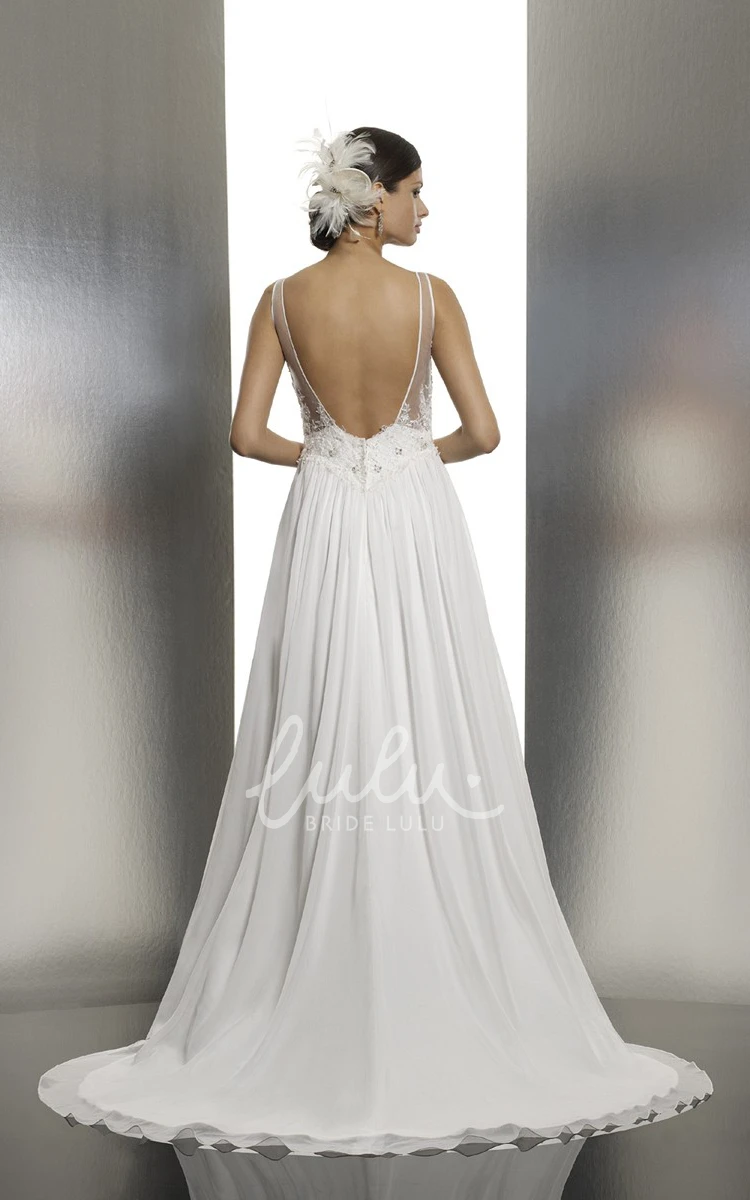 Backless Sheath Chiffon Wedding Dress with Appliques and Pleats Sleeveless and Floor-Length