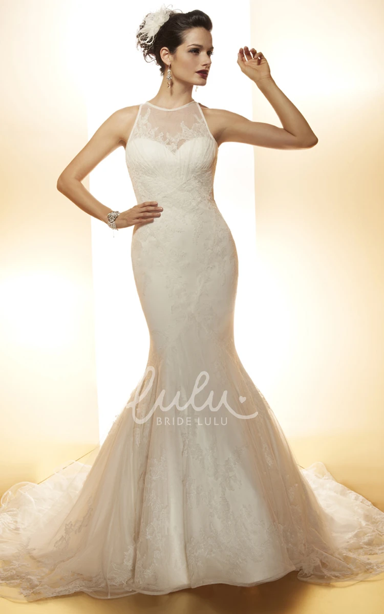 High Neck Sleeveless Lace Applique Trumpet Wedding Dress with Court Train