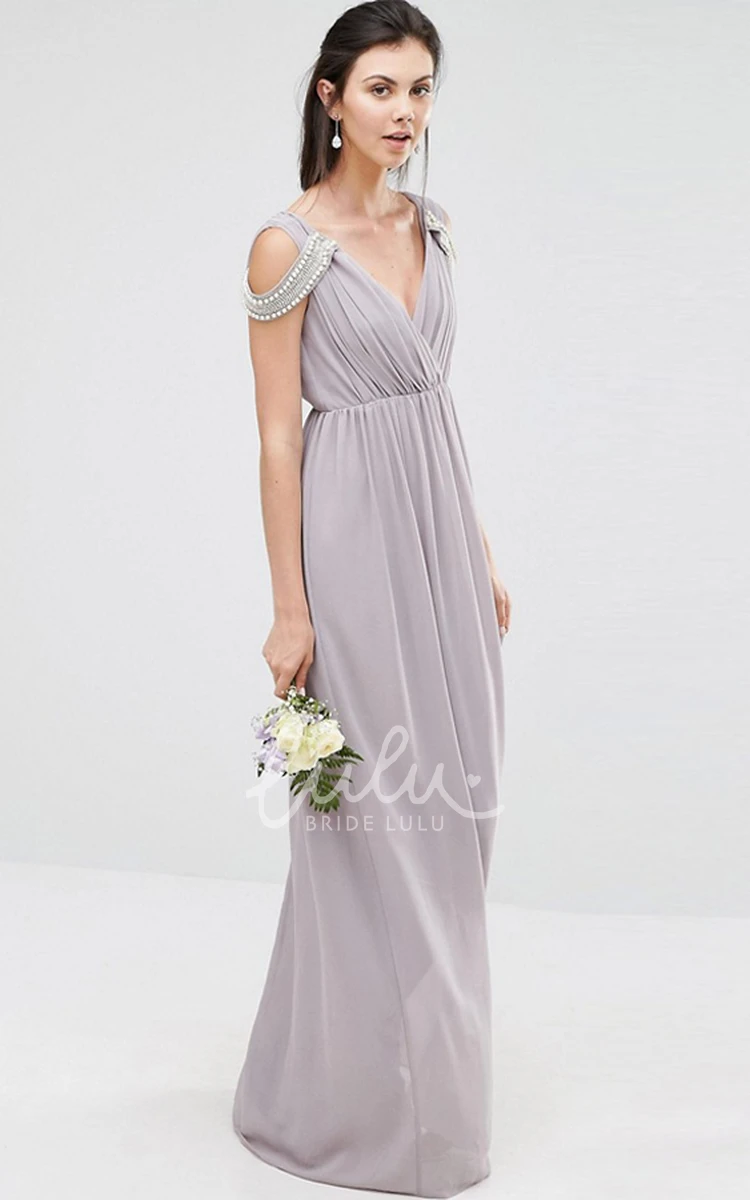 Beaded Sheath V-Neck Chiffon Bridesmaid Dress with Criss Cross Modern Prom Dress