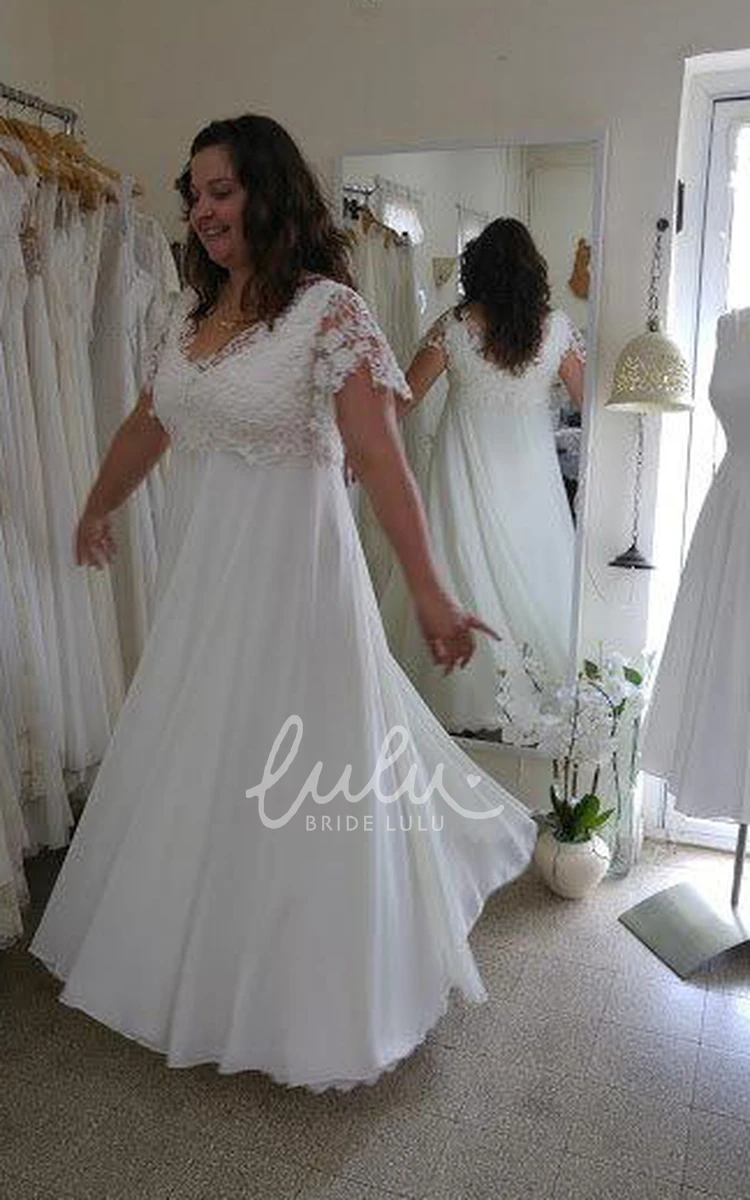 Plus Size V-Neck Lace Chiffon Wedding Dress with Short Sleeves Modern Wedding Dress