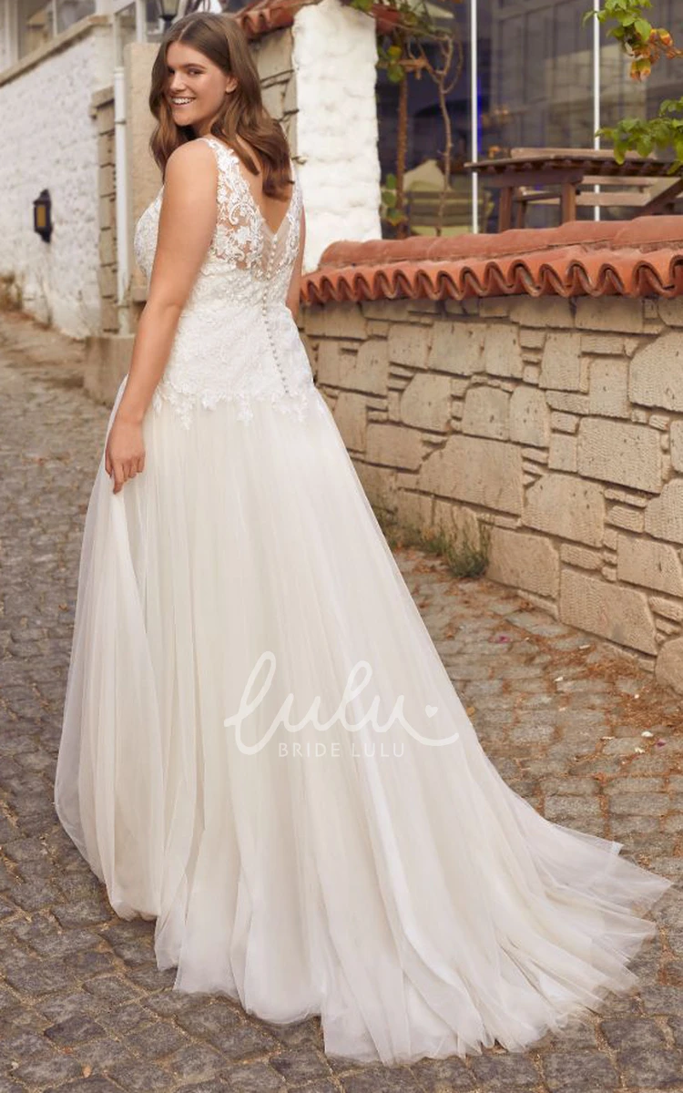 Modern Lace A Line Wedding Dress with Appliques Court Train Sleeveless V-neck
