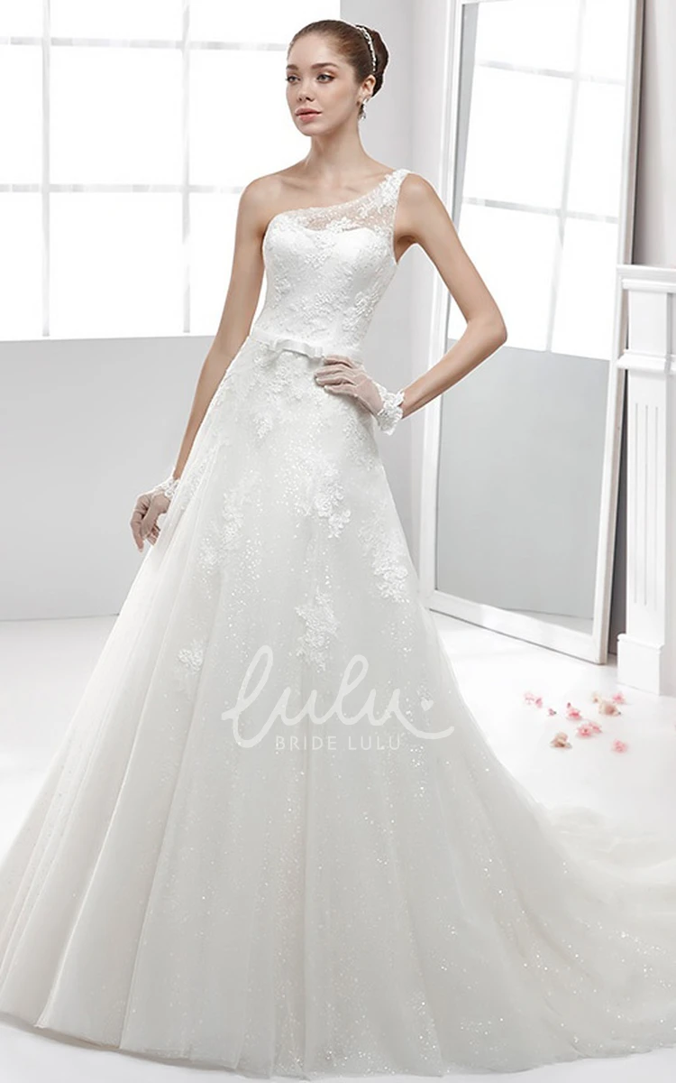 Illusive Strap One-Strap Lace Wedding Dress with Appliques and Flowy Skirt