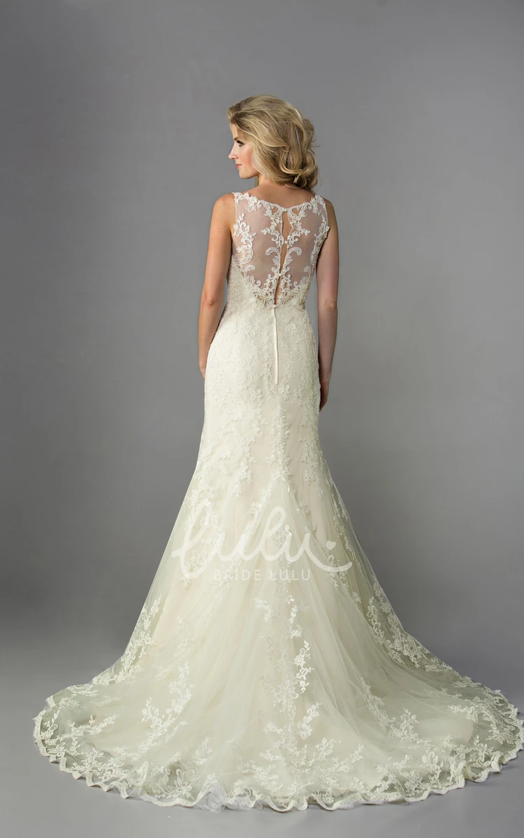 Trumpet Wedding Dress with Bateau Neckline Appliques and Illusion Back