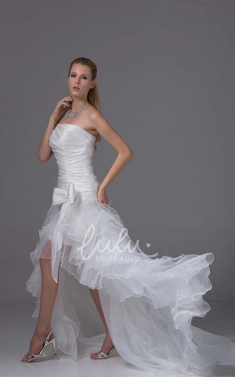 Organza High-Low Prom Dress with Ruffles Strapless Bow Design