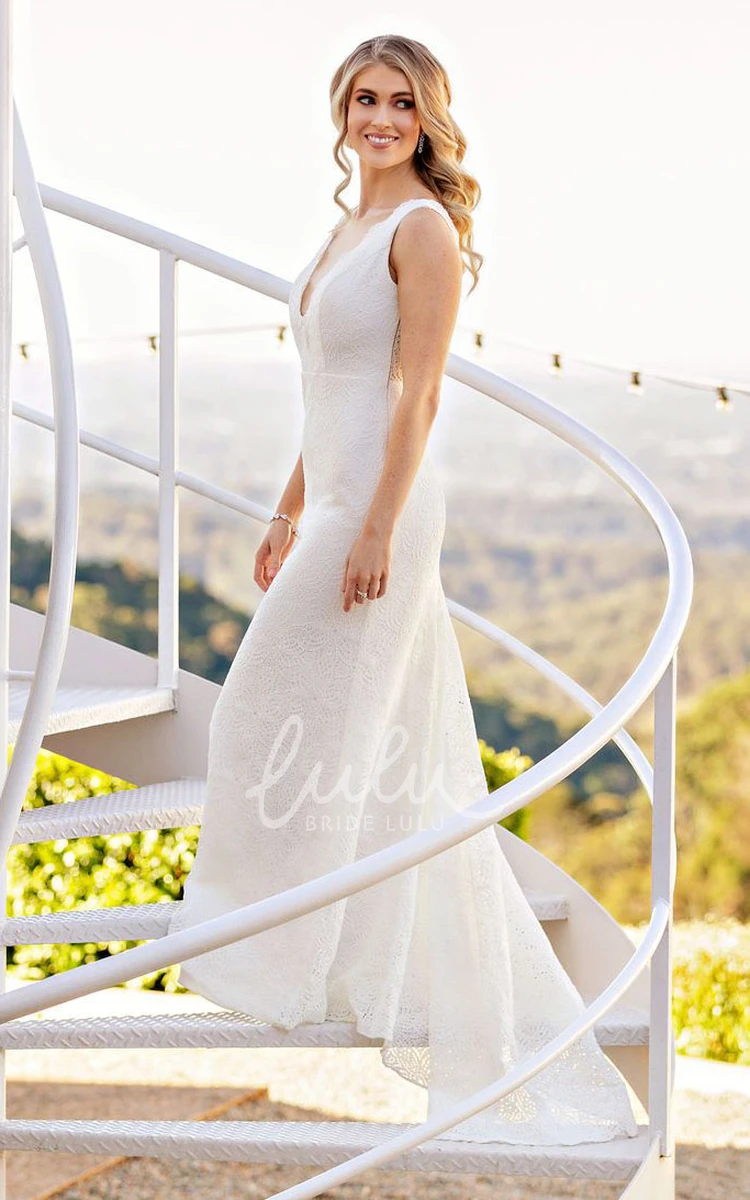 Bohemian Lace Sheath Wedding Dress with Scalloped Low-V Back Sleeveless and Floor-length