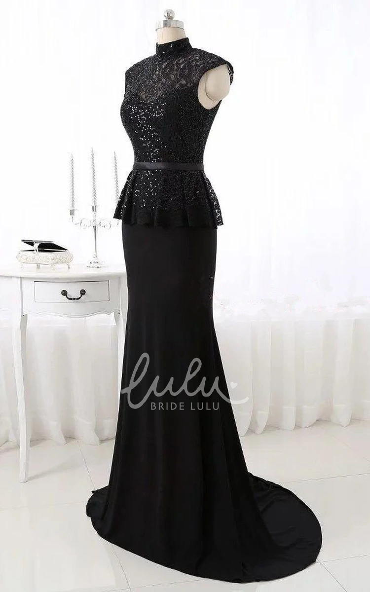 Lace Trumpet Dress with High Neck Cap Sleeves Sequins and Peplum