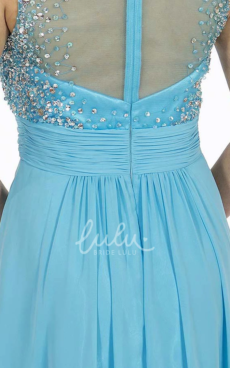 Beaded A-Line Chiffon Prom Dress with Pleats Sleeveless Long Scoop-Neck