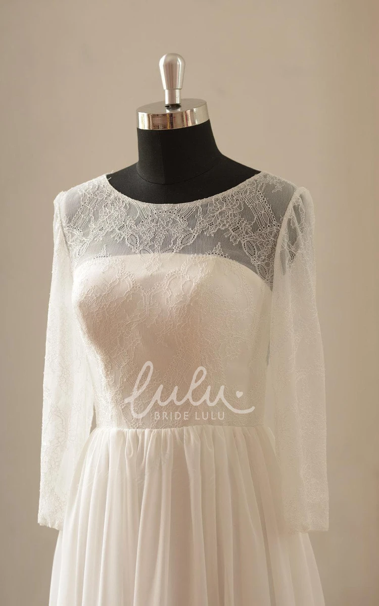 A-Line Chiffon Wedding Dress with Open Back and Long Sleeves for Women