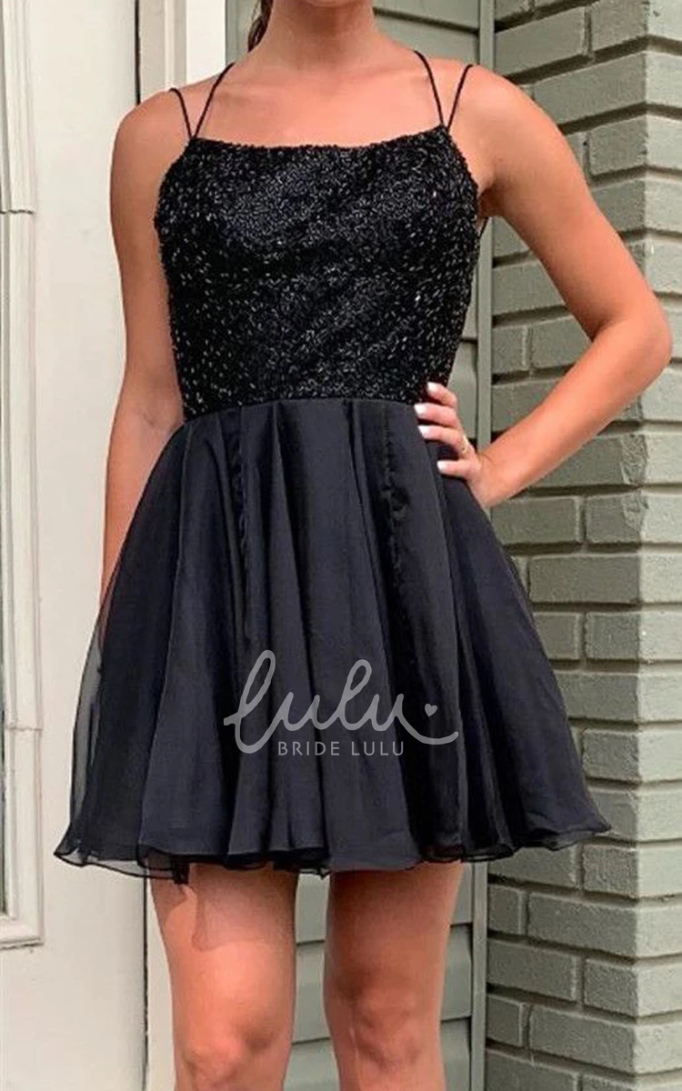 Sequin Spaghetti A-Line Homecoming Dress with Backless Chiffon Romantic & Short