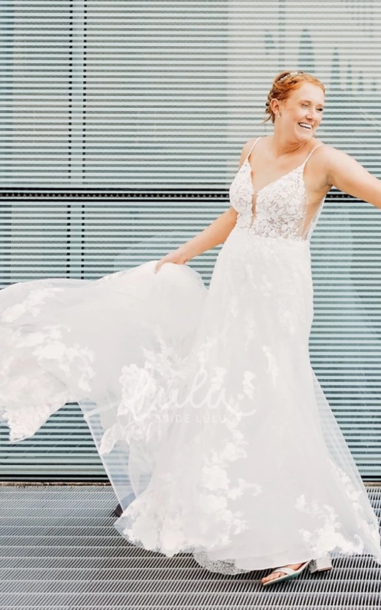 A-Line Tulle Wedding Dress with Appliques Spaghetti Straps V-neck Simple
