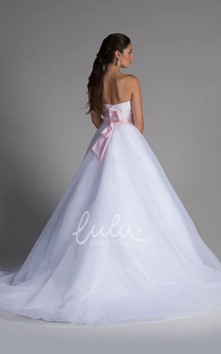 Crystal Applique Tulle Bridal Ball Gown With Pink Floral Sash