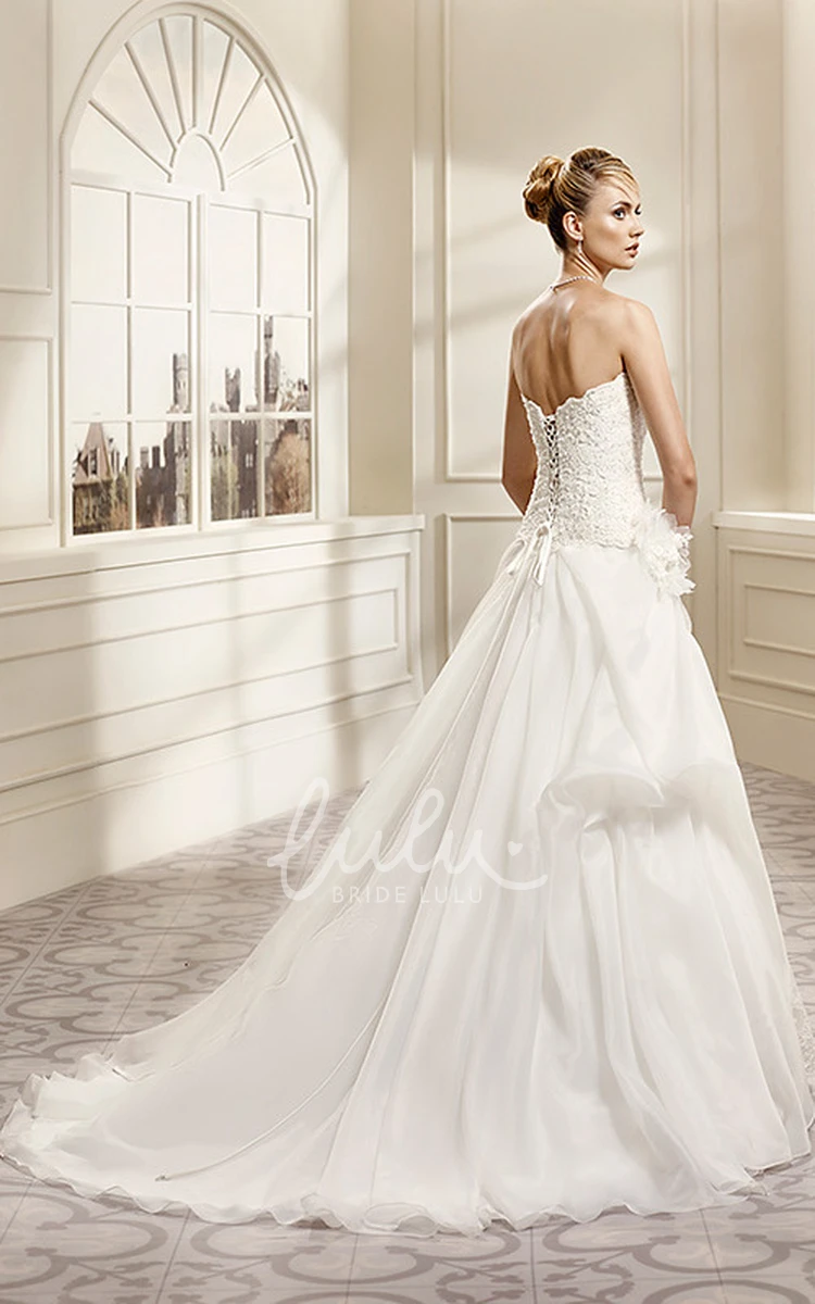Long Organza&Lace A-Line Wedding Dress with Sweetheart Neckline and Draping